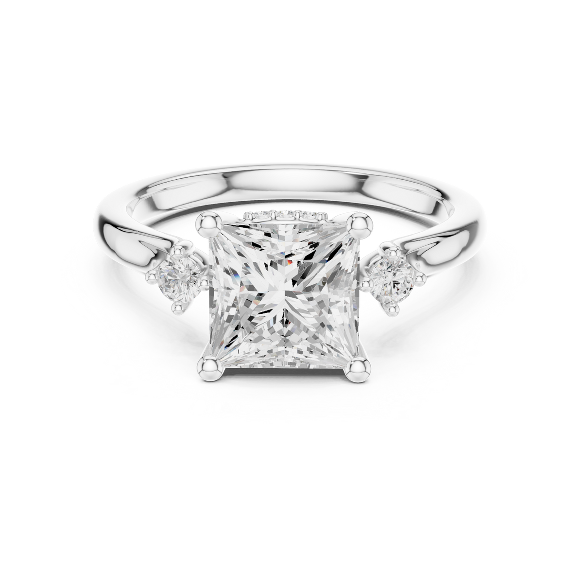 Princess Cut Lab-grown Diamond Engagement Ring - Side Stone Hidden Halo