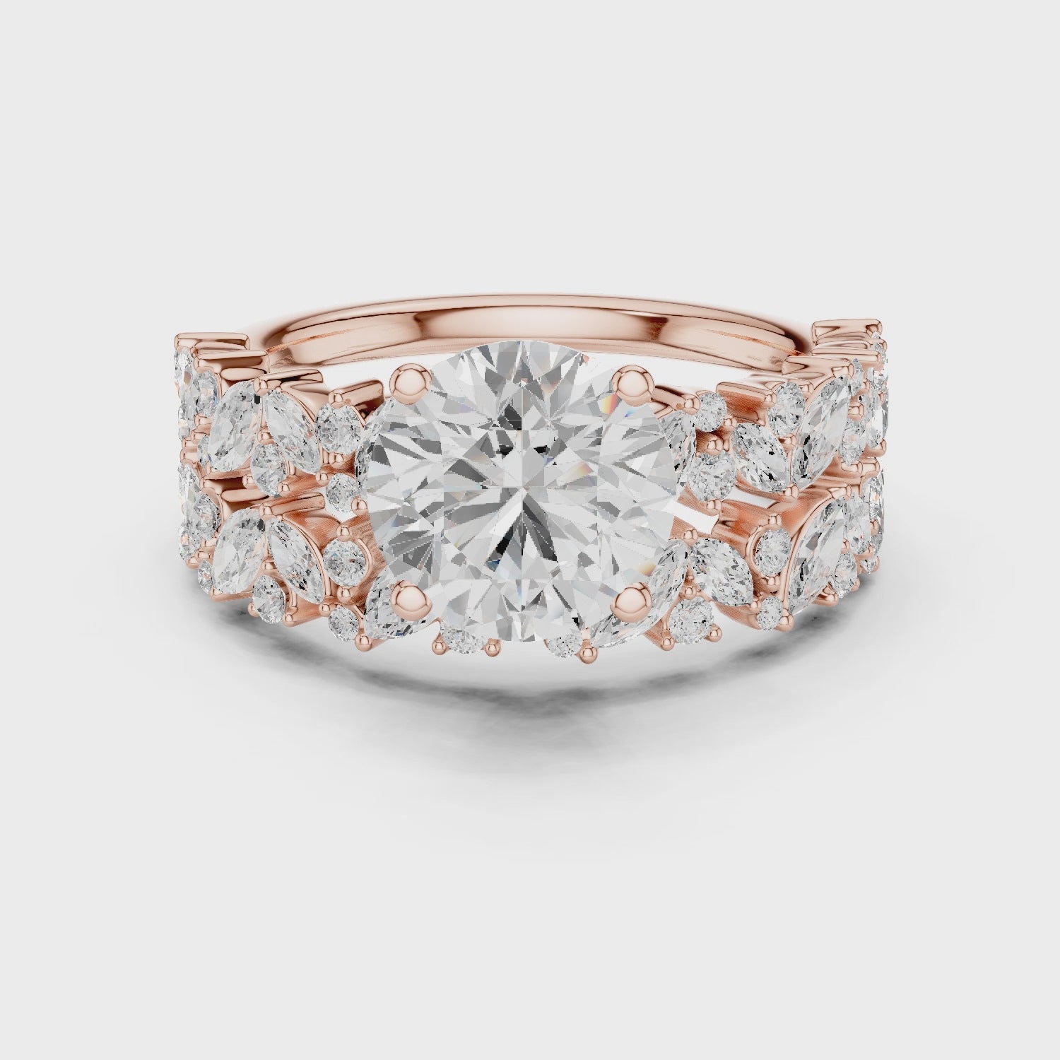 Golden Flora Engagement Ring + Band : Emerald Cut Center with Leafy Diamond Accents