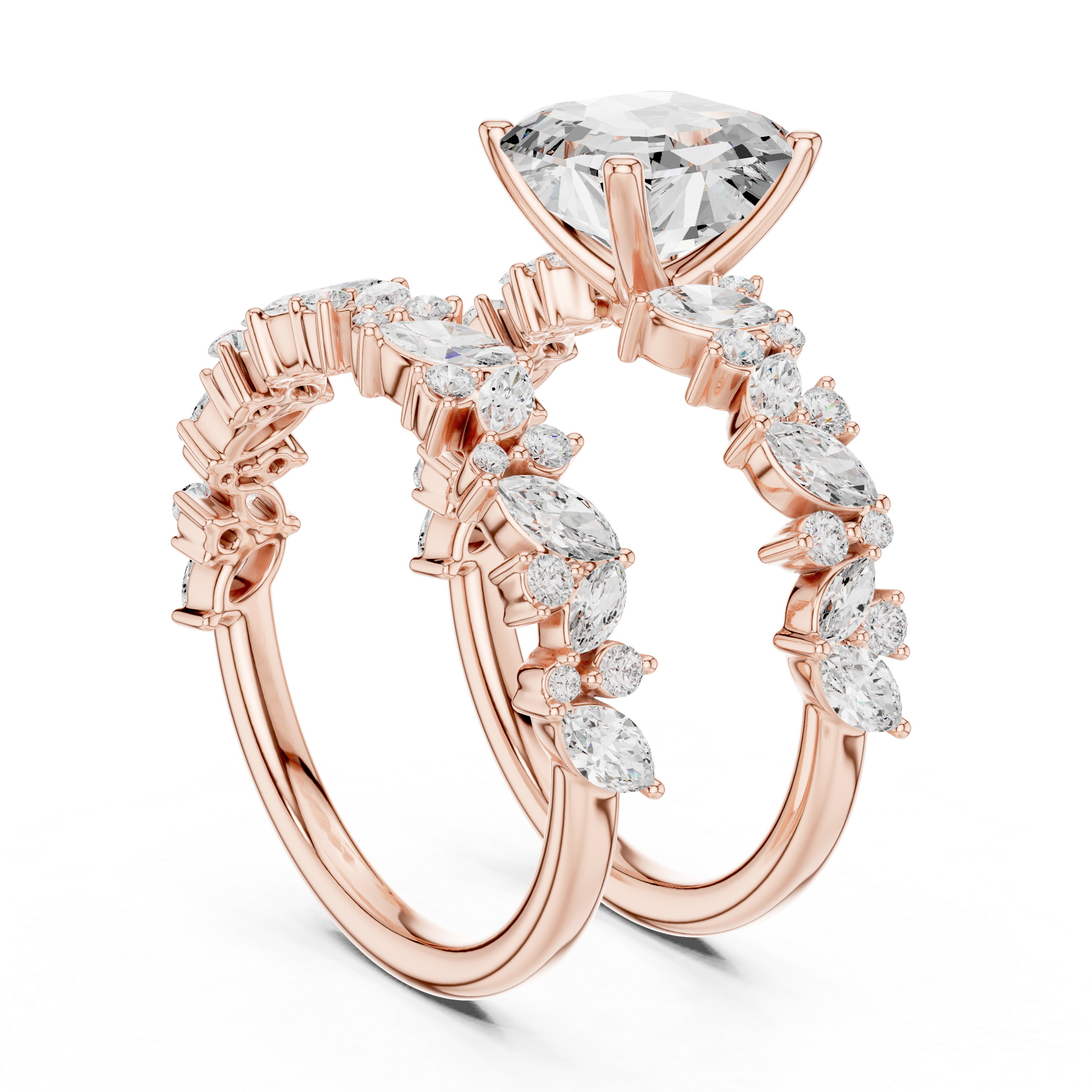 Golden Flora Engagement Ring + Band : Emerald Cut Center with Leafy Diamond Accents