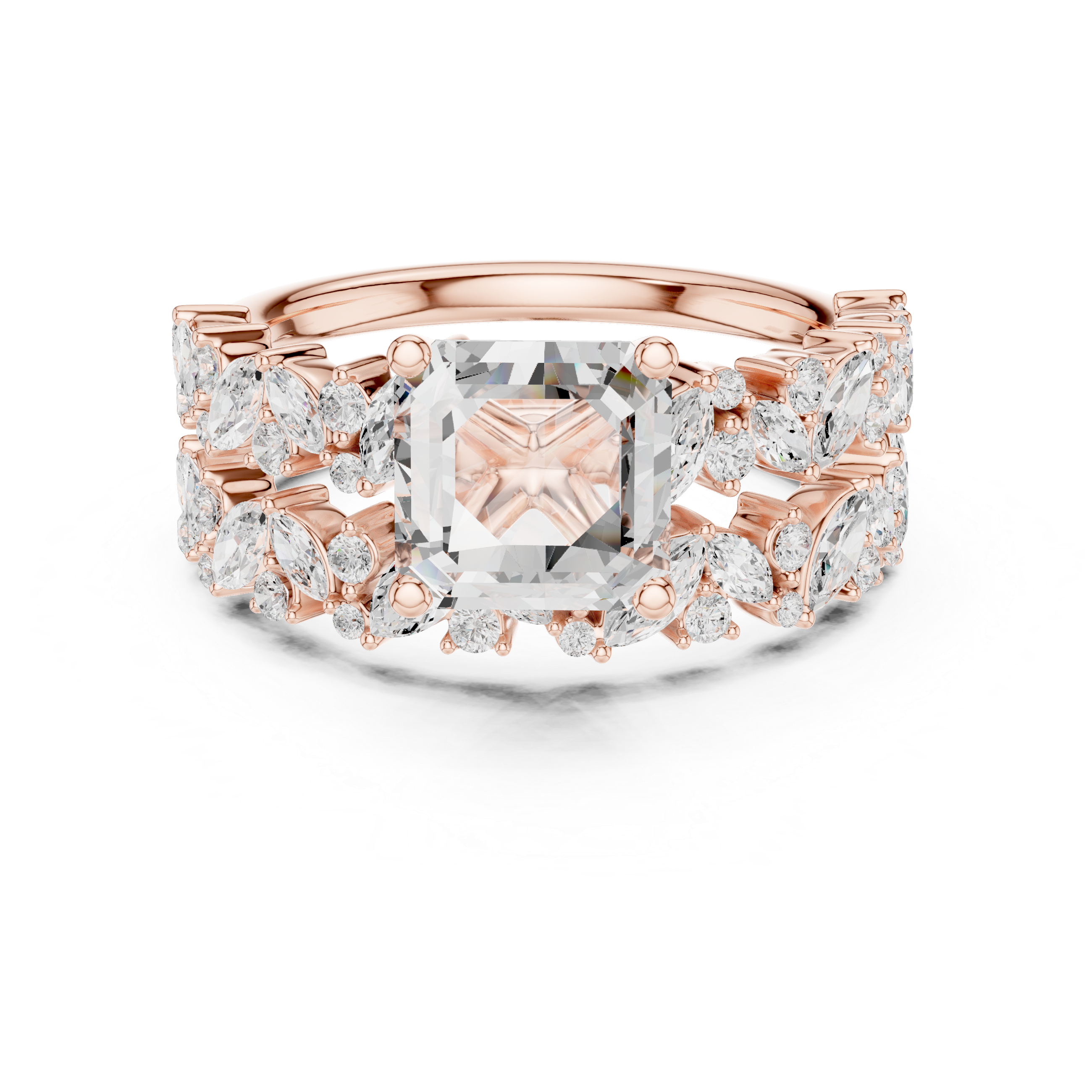 Golden Flora Engagement Ring + Band : Emerald Cut Center with Leafy Diamond Accents