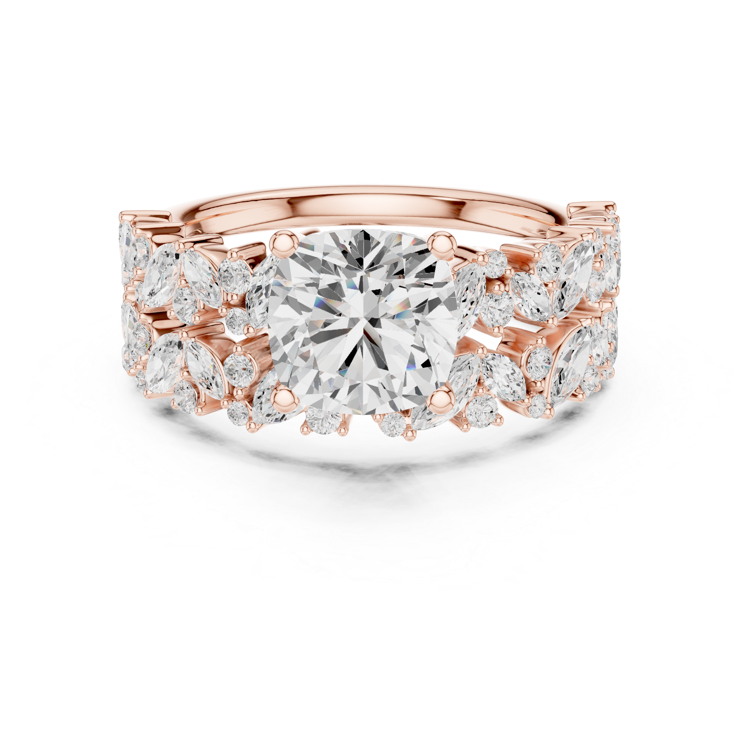 Golden Flora Engagement Ring + Band : Emerald Cut Center with Leafy Diamond Accents
