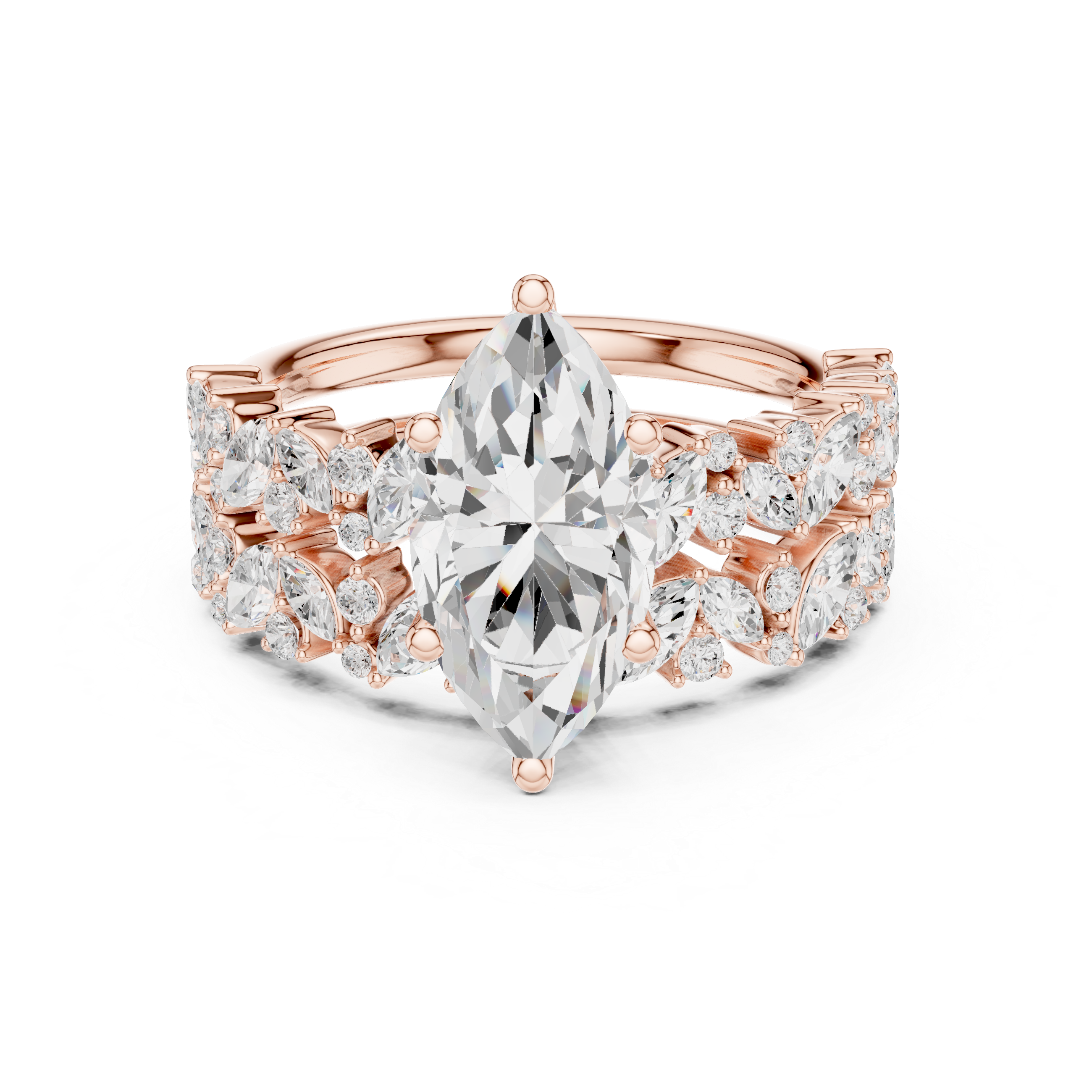Golden Flora Engagement Ring + Band : Emerald Cut Center with Leafy Diamond Accents