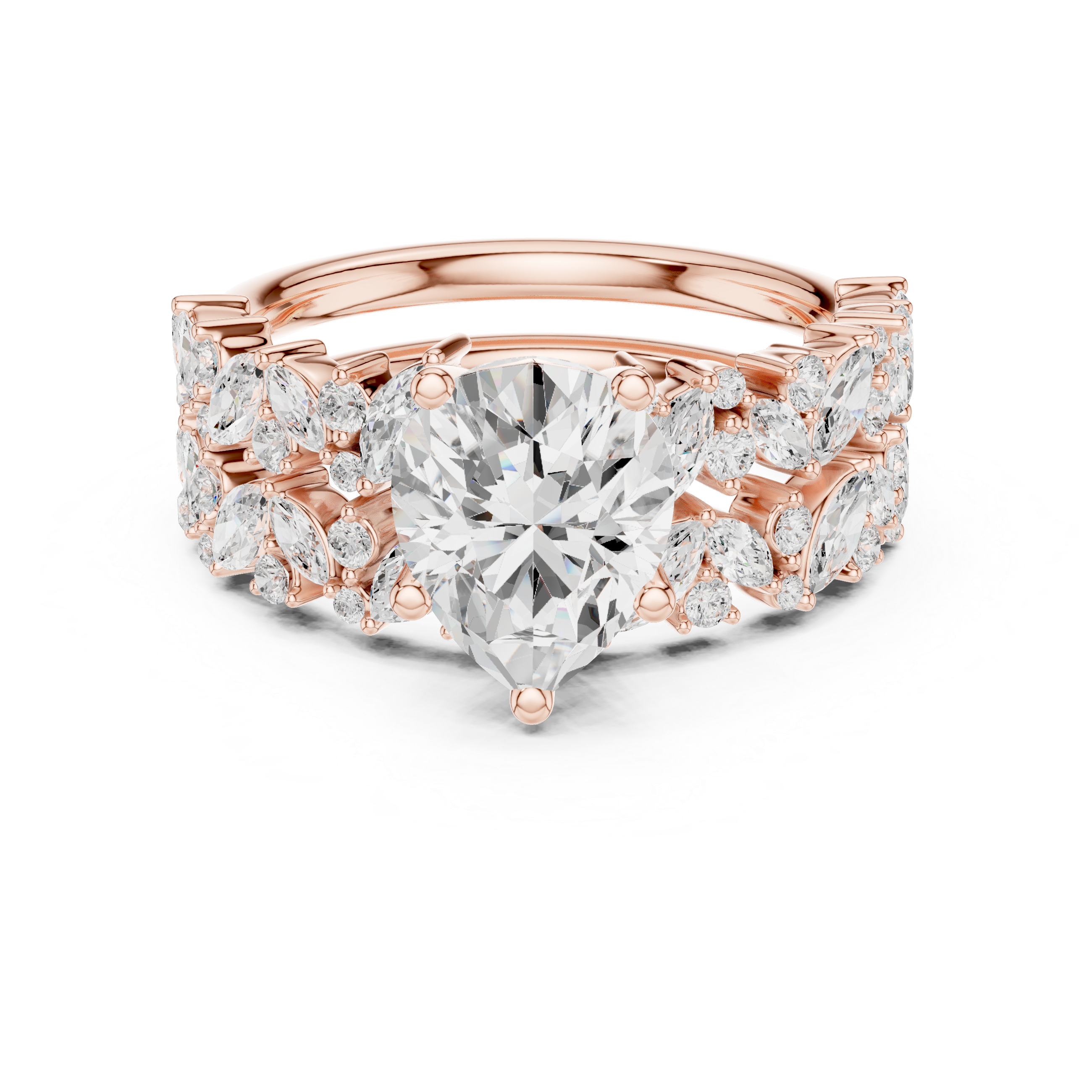 Golden Flora Engagement Ring + Band : Emerald Cut Center with Leafy Diamond Accents