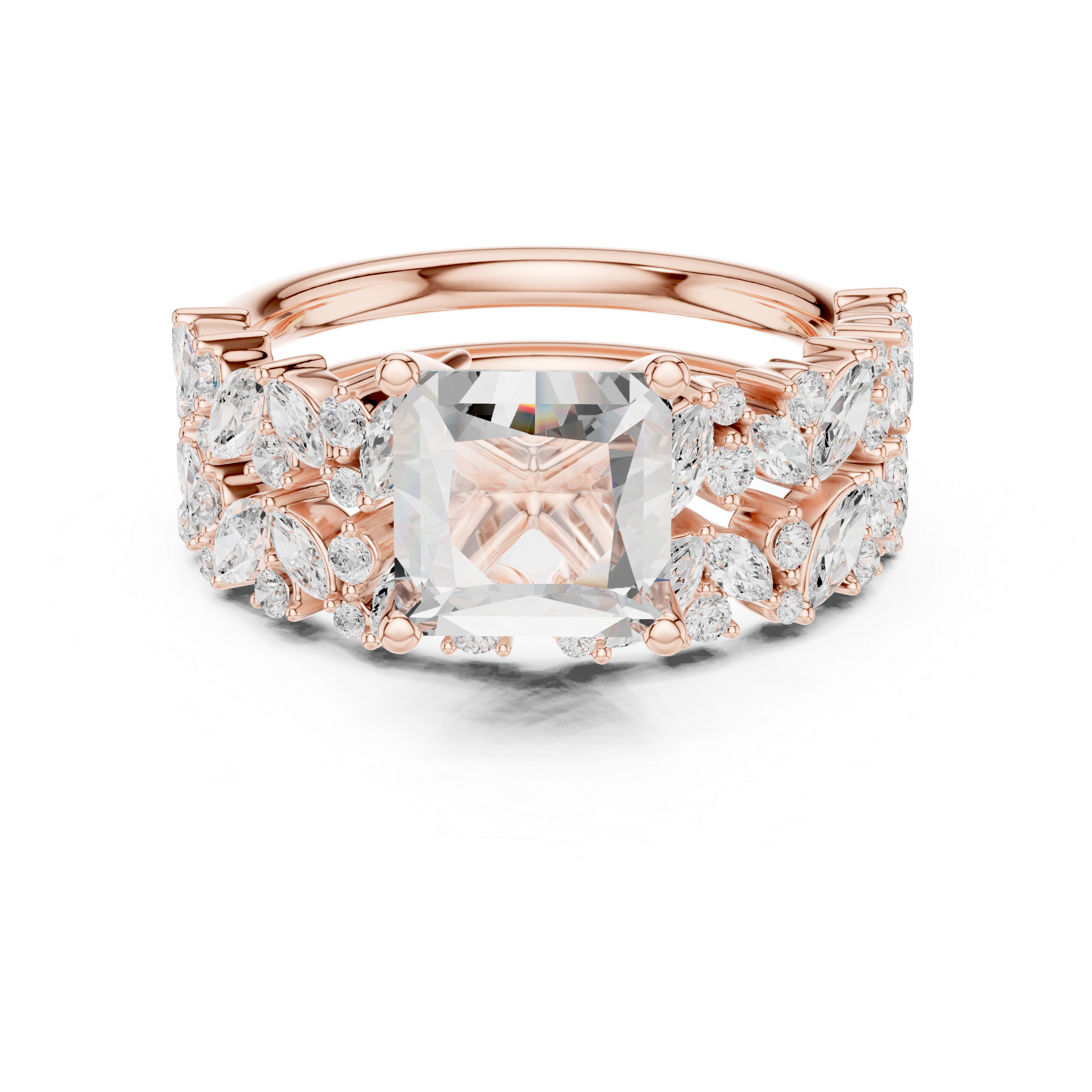 Golden Flora Engagement Ring + Band : Emerald Cut Center with Leafy Diamond Accents