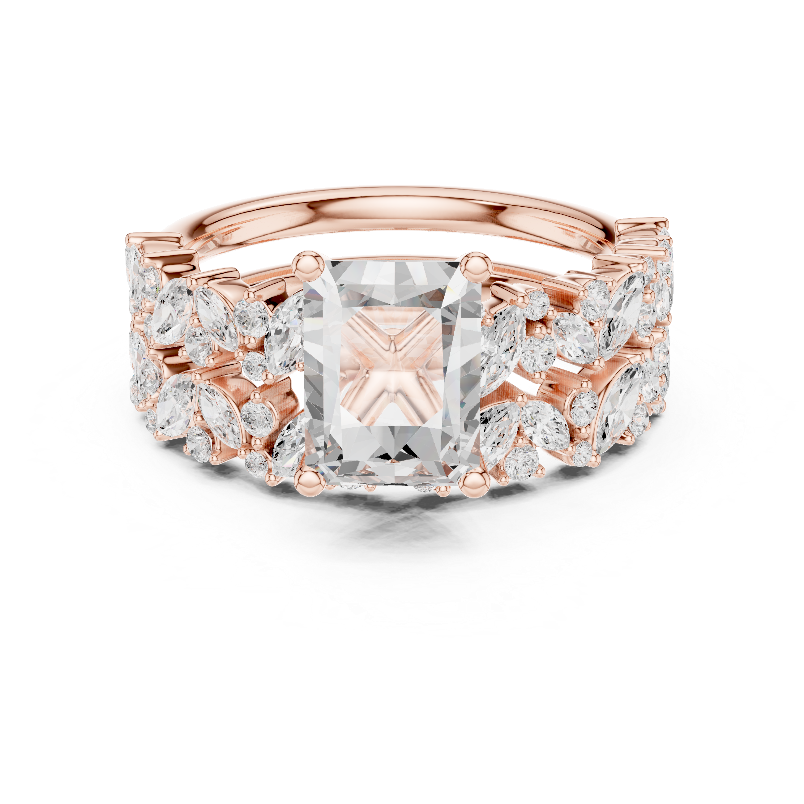 Golden Flora Engagement Ring + Band : Emerald Cut Center with Leafy Diamond Accents