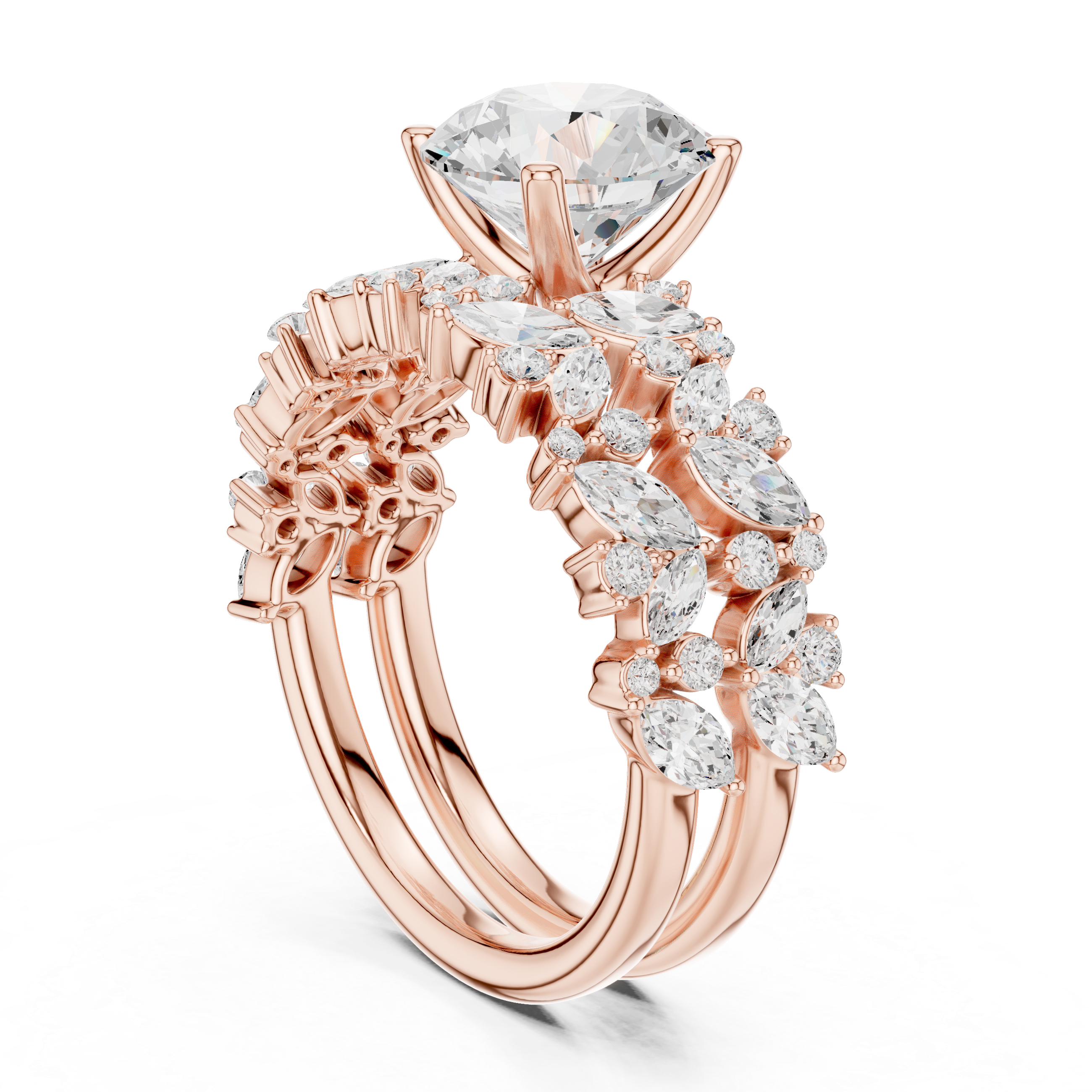Golden Flora Engagement Ring + Band : Emerald Cut Center with Leafy Diamond Accents