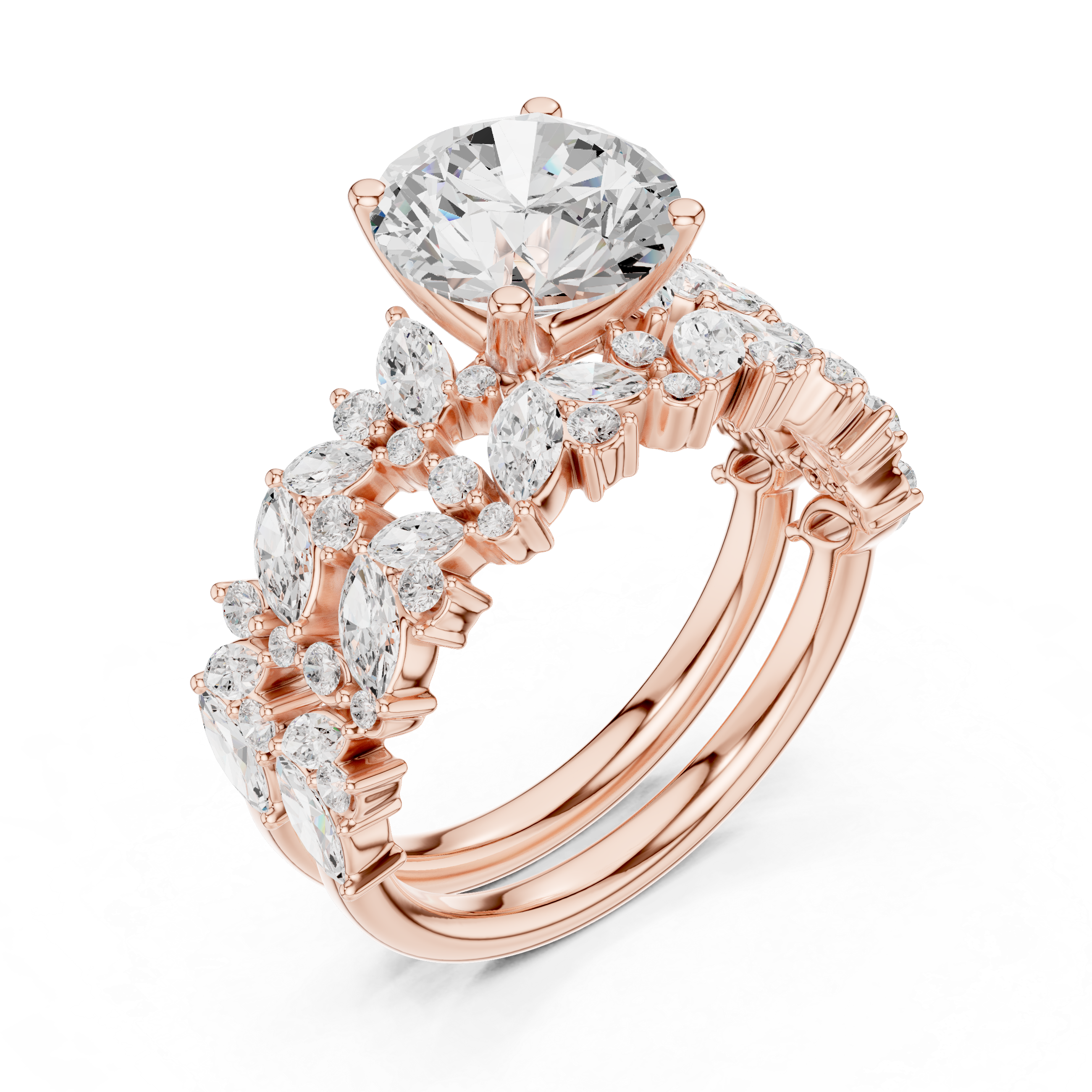 Golden Flora Engagement Ring + Band : Emerald Cut Center with Leafy Diamond Accents
