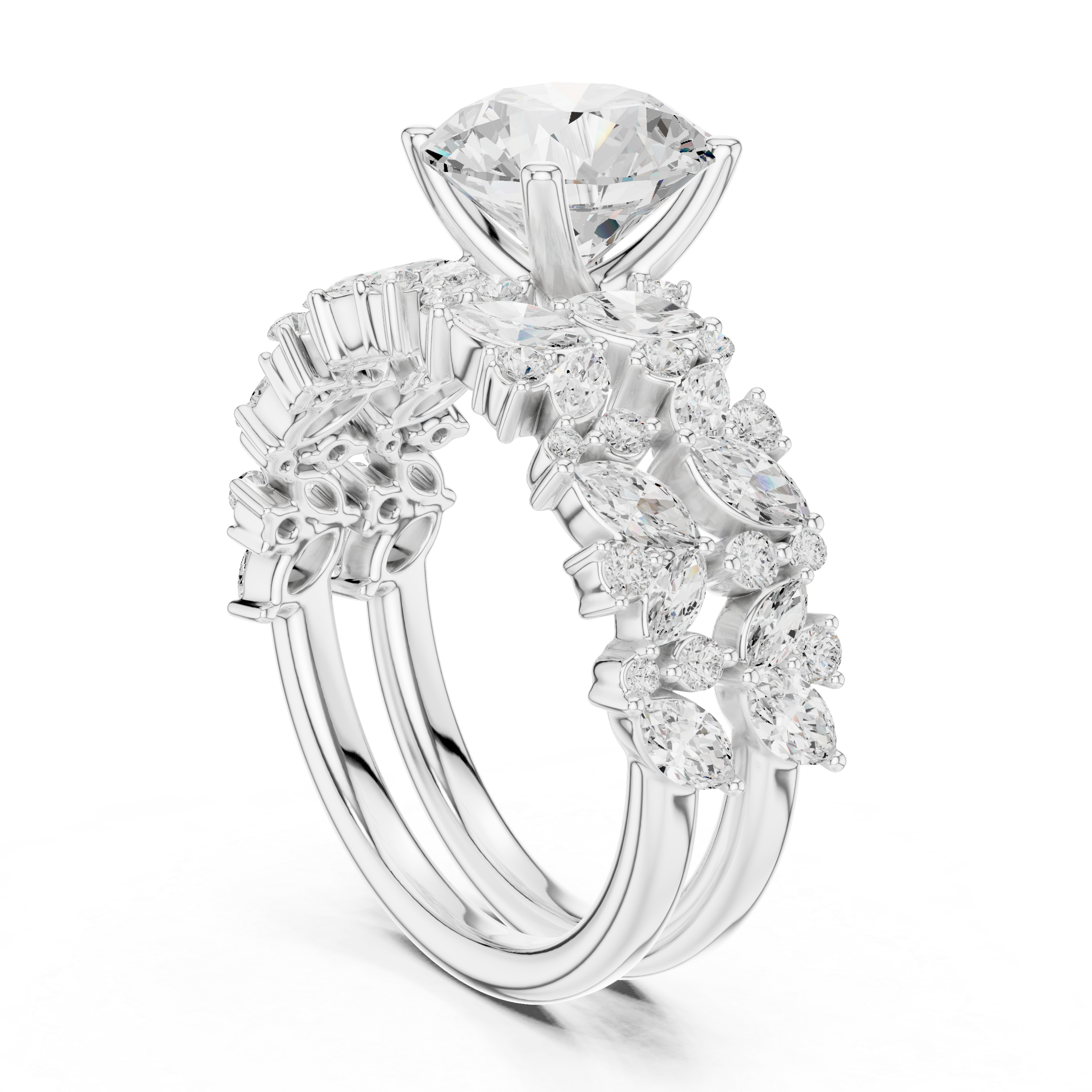 Golden Flora Engagement Ring + Band : Emerald Cut Center with Leafy Diamond Accents
