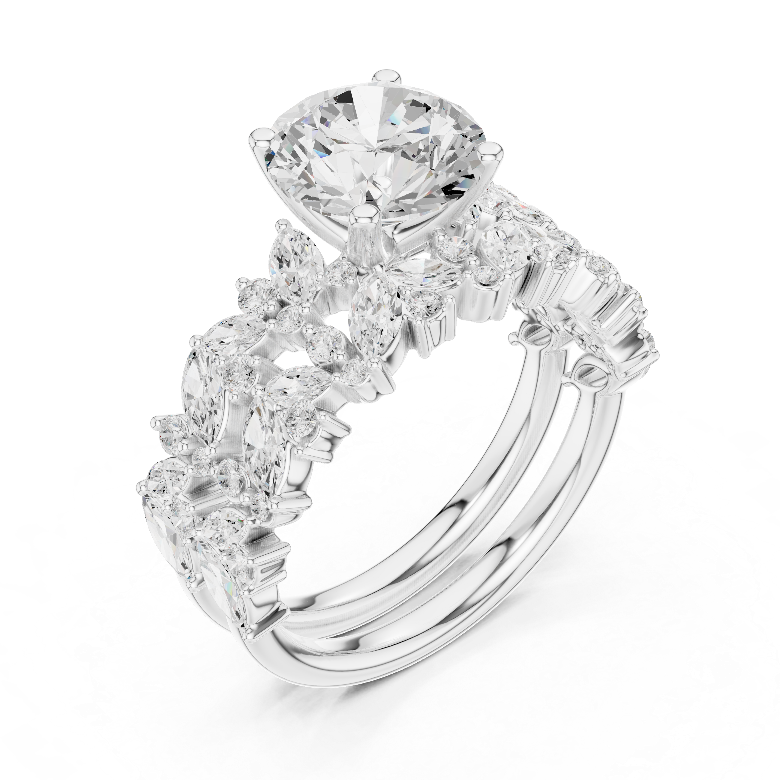 Golden Flora Engagement Ring + Band : Emerald Cut Center with Leafy Diamond Accents