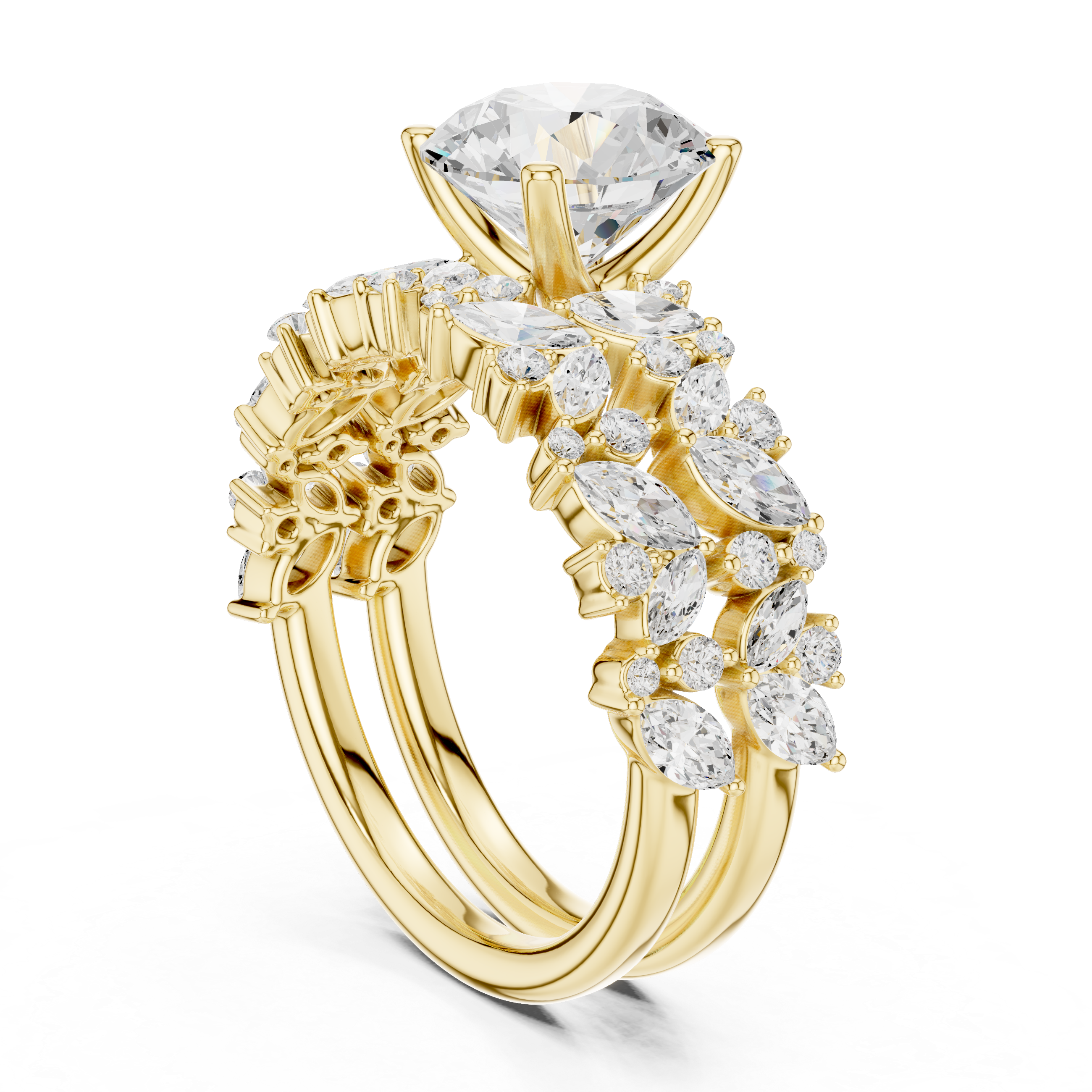 Golden Flora Engagement Ring + Band : Emerald Cut Center with Leafy Diamond Accents