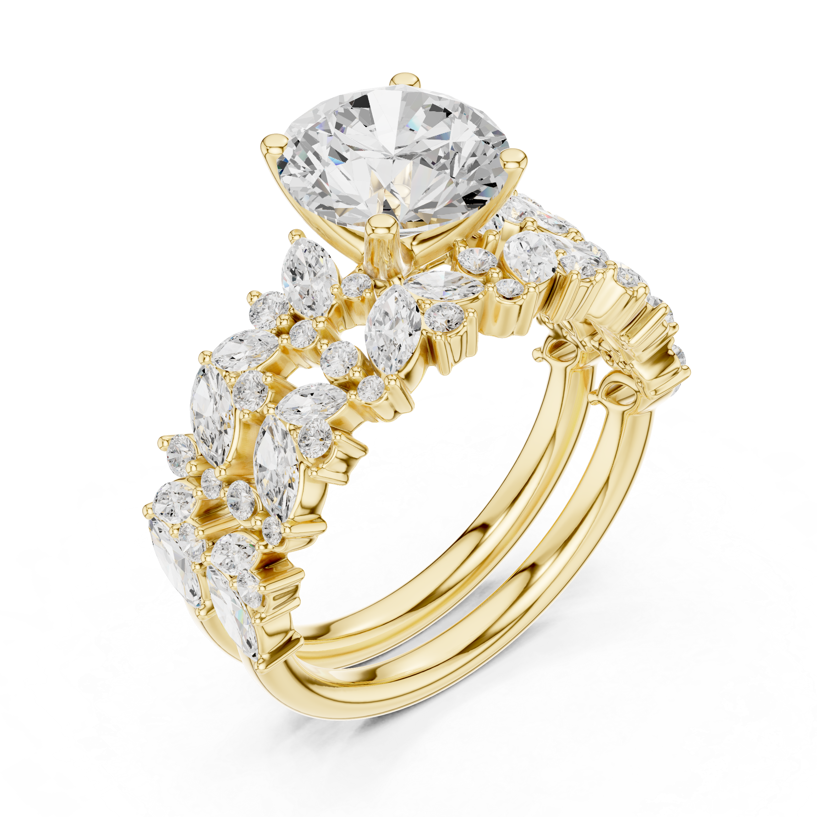 Golden Flora Engagement Ring + Band : Emerald Cut Center with Leafy Diamond Accents