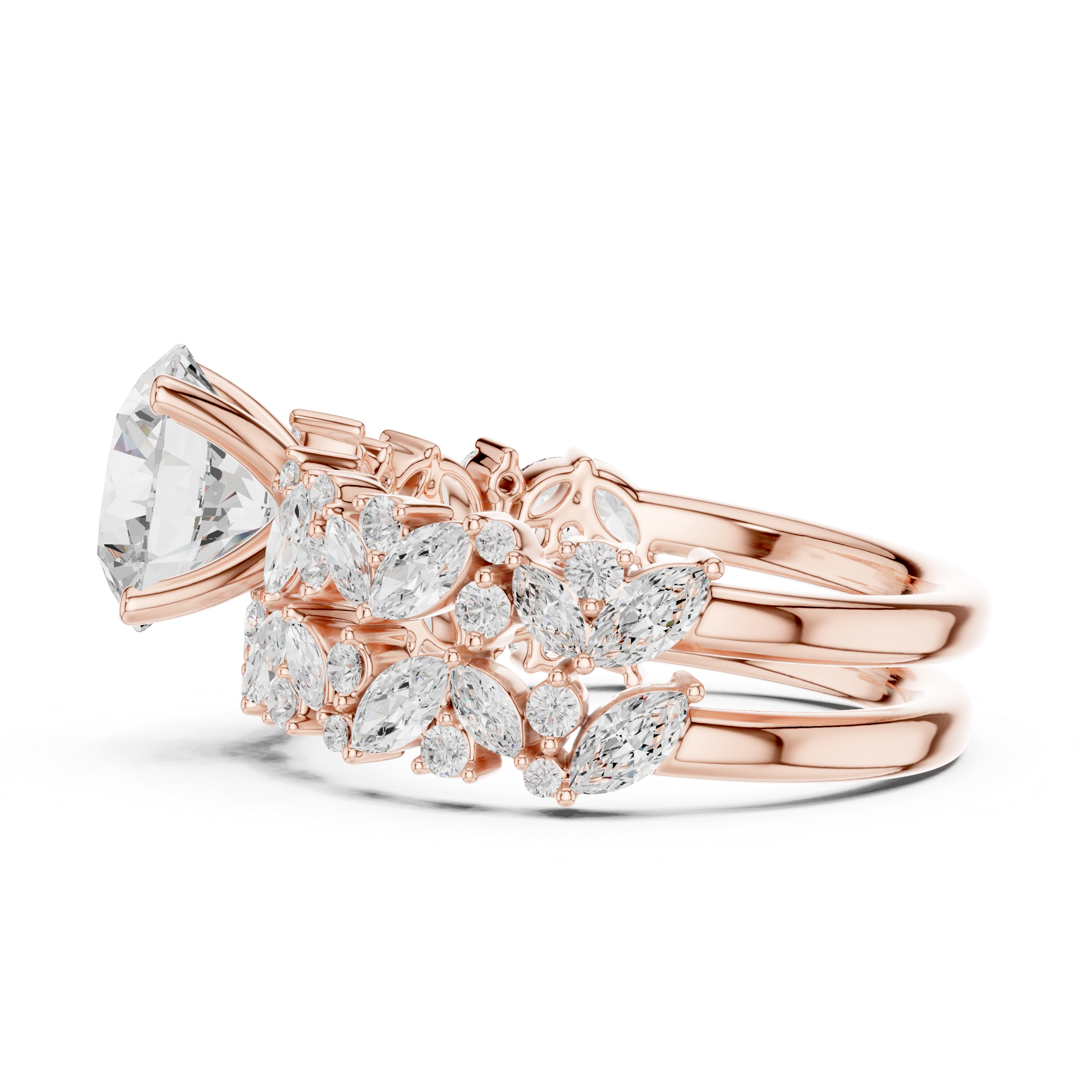 Golden Flora Engagement Ring + Band : Emerald Cut Center with Leafy Diamond Accents