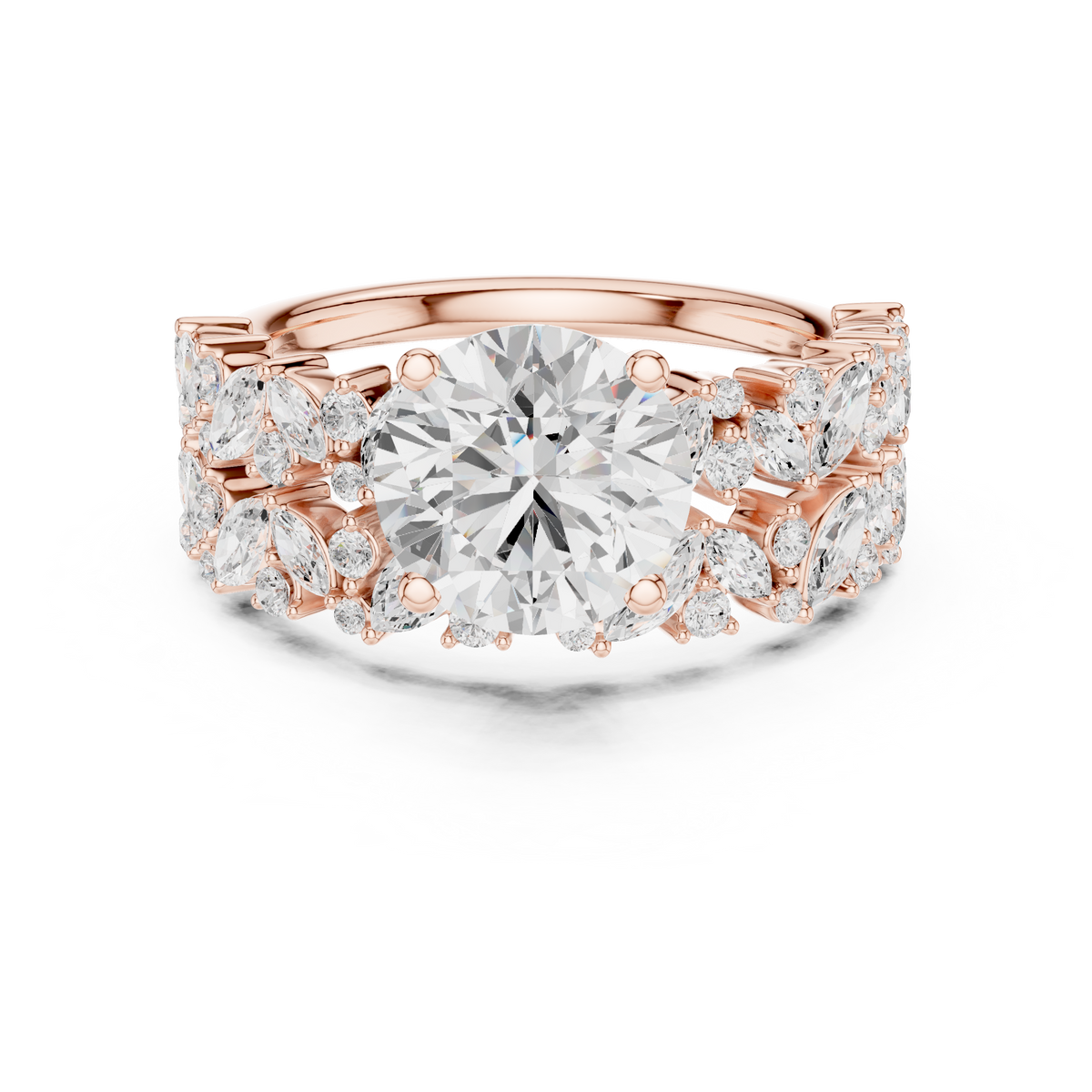 Golden Flora Engagement Ring + Band : Emerald Cut Center with Leafy Diamond Accents