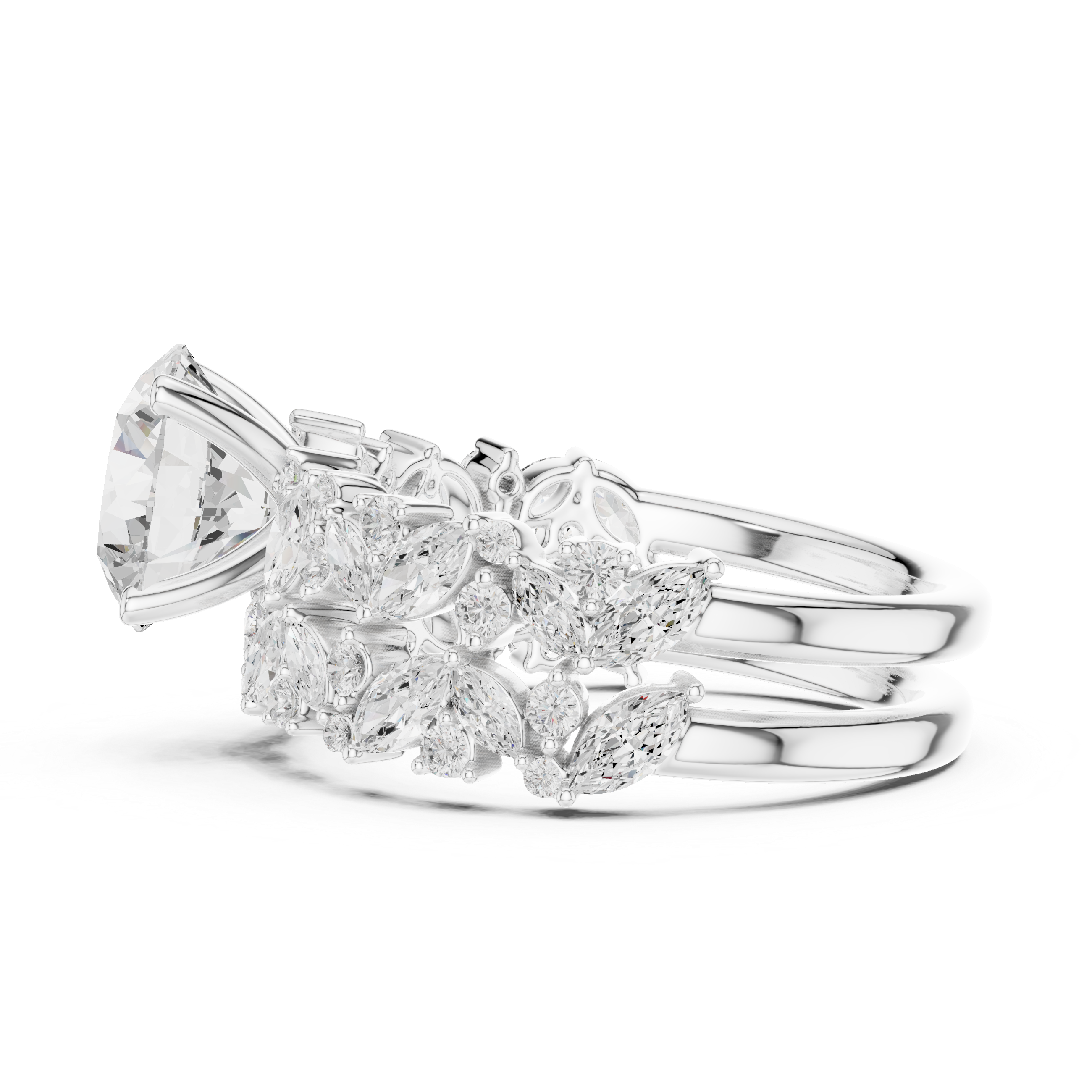 Golden Flora Engagement Ring + Band : Emerald Cut Center with Leafy Diamond Accents