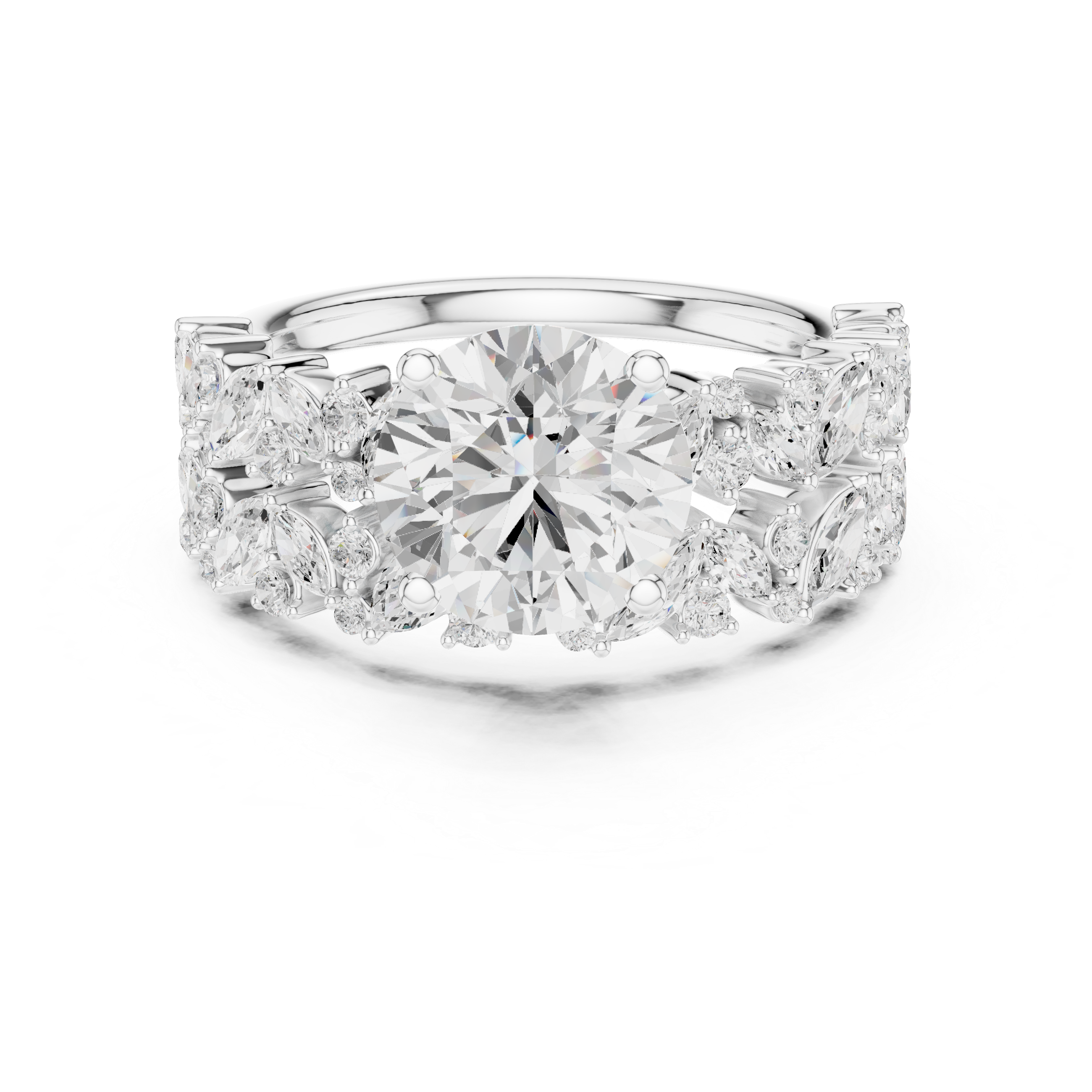 Golden Flora Engagement Ring + Band : Emerald Cut Center with Leafy Diamond Accents