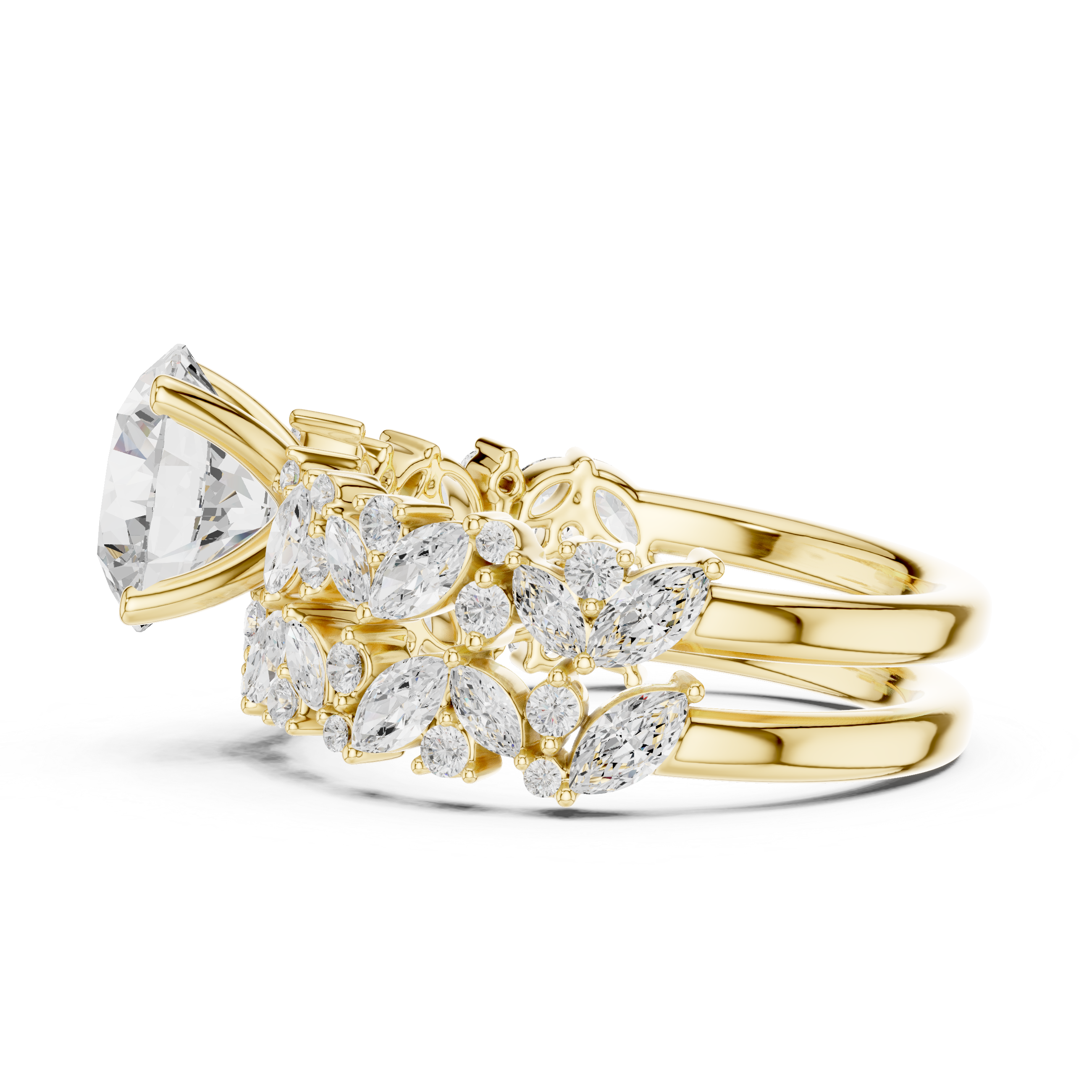 Golden Flora Engagement Ring + Band : Emerald Cut Center with Leafy Diamond Accents