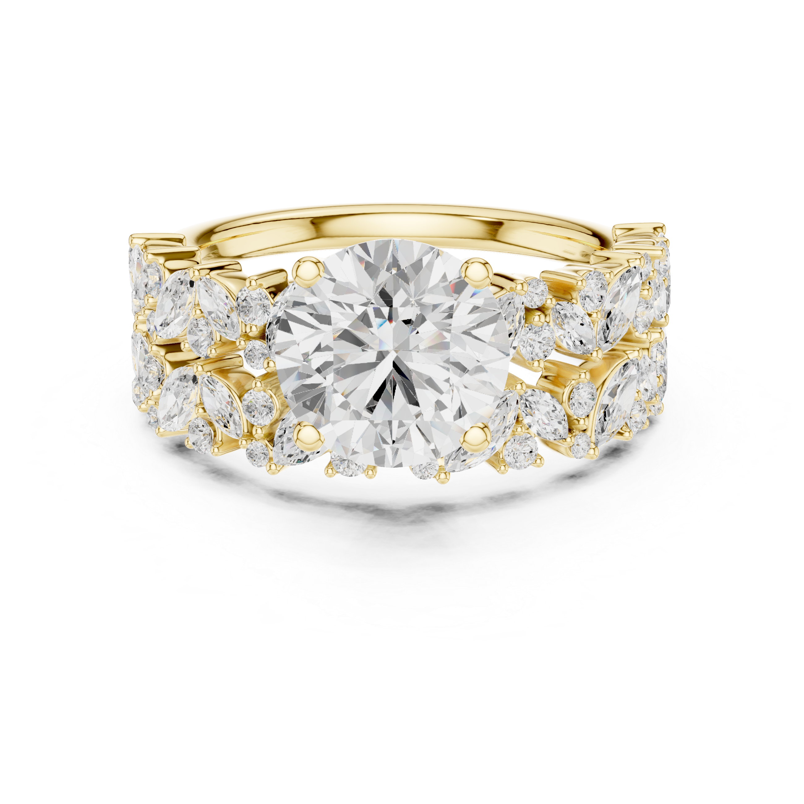 Golden Flora Engagement Ring + Band : Emerald Cut Center with Leafy Diamond Accents